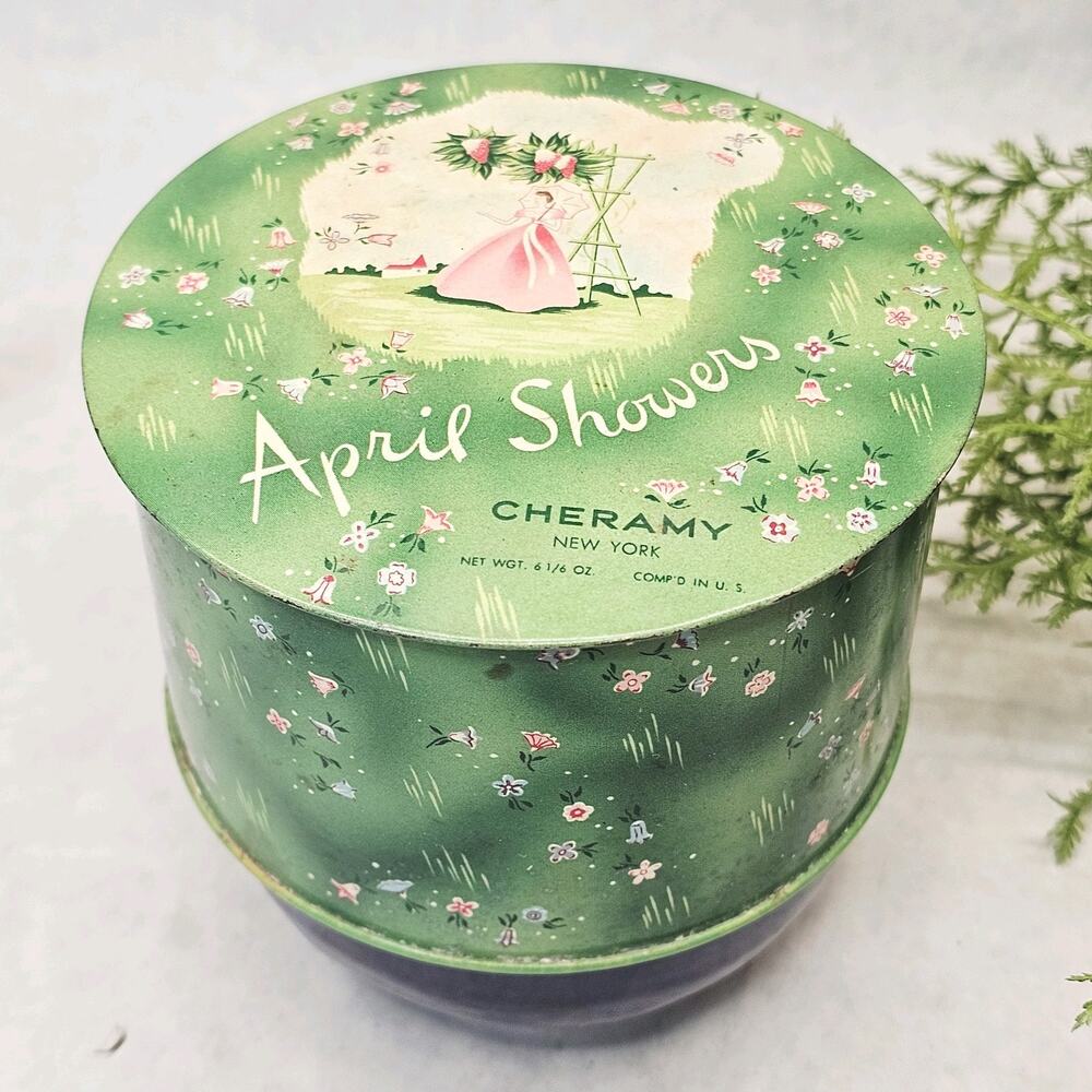 Vintage April Showers Cheramy Powder Metal Box Tin Vanity New York Parasol Lady